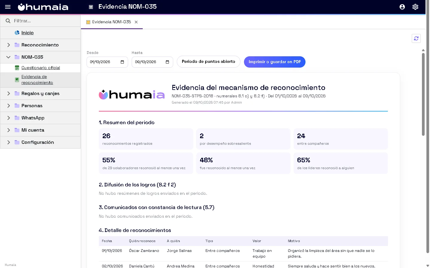 Documento de evidencia del mecanismo de reconocimiento para la NOM-035 generado por Humaia